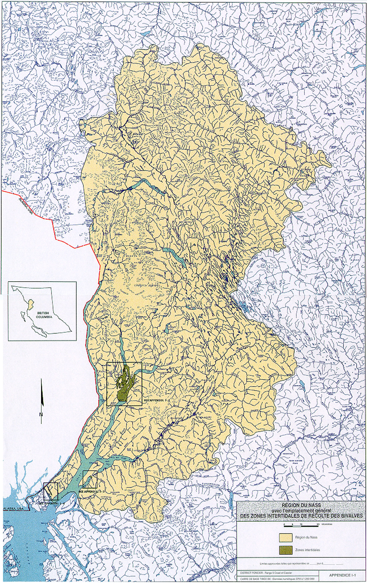 Carte de la r&eacute;gion du Nass avec l'emplacement g&eacute;n&eacute;ral des zones interdidales de r&eacute;colte de bivalves